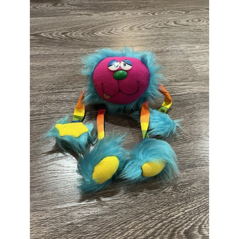 Colorful Blue Furry Monster Plush Pink Face Rainbow Arms Legs 15” E